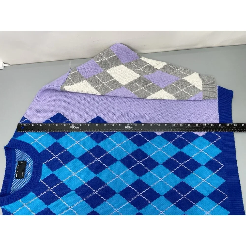 Asos Design Argyle Sweater Crew Neck Knit Preppy Oversized Purple Blue Mens XL